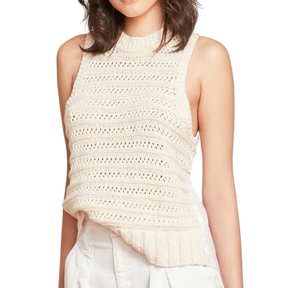 Veronica Beard Sade Mixed Media Tank Top Crochet Chunky Knit Neutral Ivory Sz L